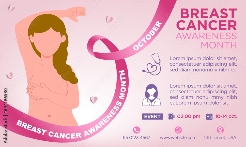 Banner horizontal del Día Internacional de lucha contra el Cáncer de mama, con listón rosa y ilustración de mujer auto explorándose los pechos Banner horizontal del Día Internacional de lucha contra el Cáncer de mama, con listón rosa y ilustración de mujer auto explorándose los pechos