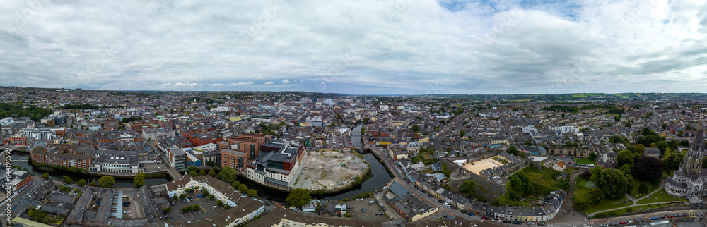 Aerial panorama of Cork in Southern Ireland with St Colman's cathedral, Elizabeth Fort, Bishop Lucey park, River Lee, Saint Fin Barre's Cathedral