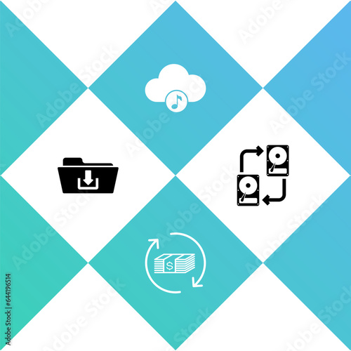 Set Folder download, Refund money, Music streaming service and Data exchange with hhd icon. Vector