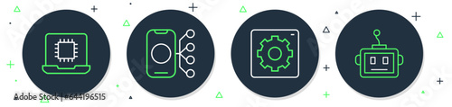 Set line Neural network, Computer api interface, Processor CPU and Artificial intelligence robot icon. Vector