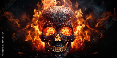 Generative AI Sugar Skull  Calavera  to celebrate Mexico s Day of the Dead  Dia de Los Muertos  on fire