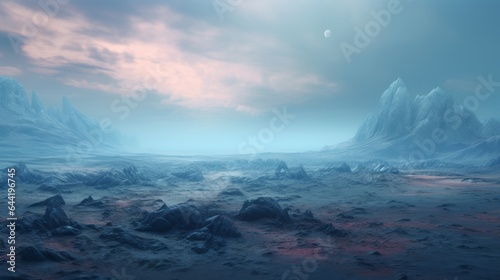 An otherworldly landscape with majestic mountains and rugged rock formations