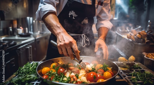 chef preparing food, close-up of chef cooking meat in the kitchen, chef cooking delicious foods in the kitchen, man in the kitchen, cooking man close-up