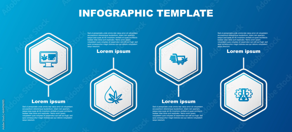 Set line Online buying marijuana, Marijuana or cannabis leaf oil, Shopping cart with and Test tube. Business infographic template. Vector Set line Online buying marijuana, Marijuana or cannabis leaf oil, Shopping cart with and Test tube. Business infographic template. Vector