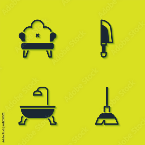Set Sofa, Handle broom, Bathtub and Knife icon. Vector