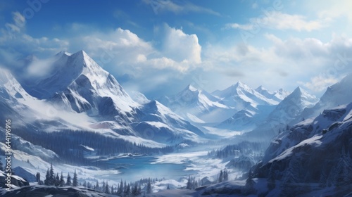 snow covered mountains landscape realistic.