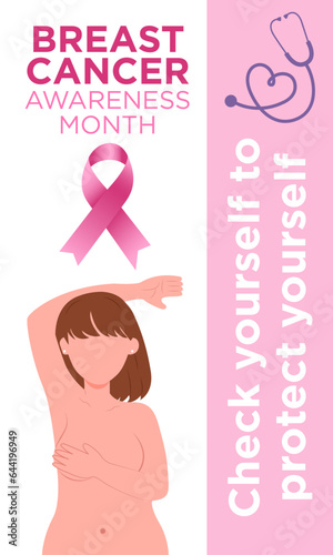 Banner de historia del Día Internacional de lucha contra el Cáncer de mama, con listón rosa y ilustración de mujer auto explorándose los pechos