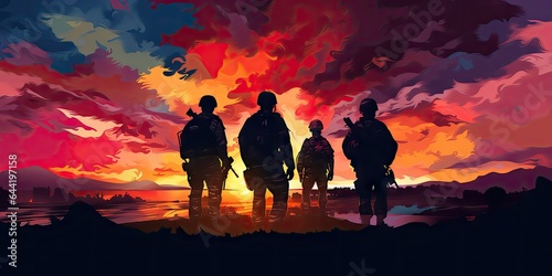 Silhouette of a platoon of army soldiers at sunset