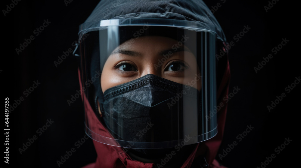 Asian Woman (Chinese, Japanese, Korean) in Hazmat Suit with Face Mask and Shield for COVID-19 Protection - Generative AI Asian Woman (Chinese, Japanese, Korean) in Hazmat Suit with Face Mask and Shield for COVID-19 Protection - Generative AI