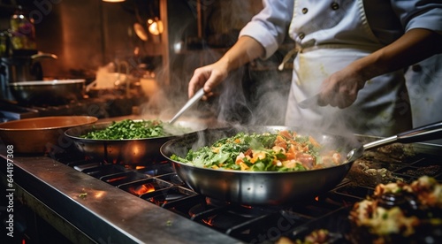 chef preparing food, close-up of chef cooking meat in the kitchen, chef cooking delicious foods in the kitchen, man in the kitchen, cooking man close-up