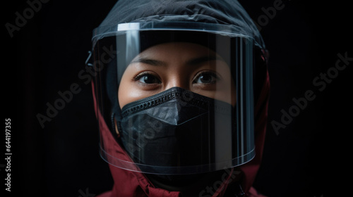 Asian Woman (Chinese, Japanese, Korean) in Hazmat Suit with Face Mask and Shield for COVID-19 Protection - Generative AI