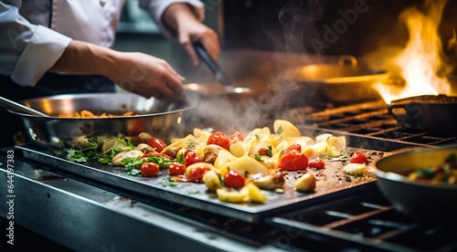 chef preparing food, close-up of chef cooking meat in the kitchen, chef cooking delicious foods in the kitchen, man in the kitchen, cooking man close-up