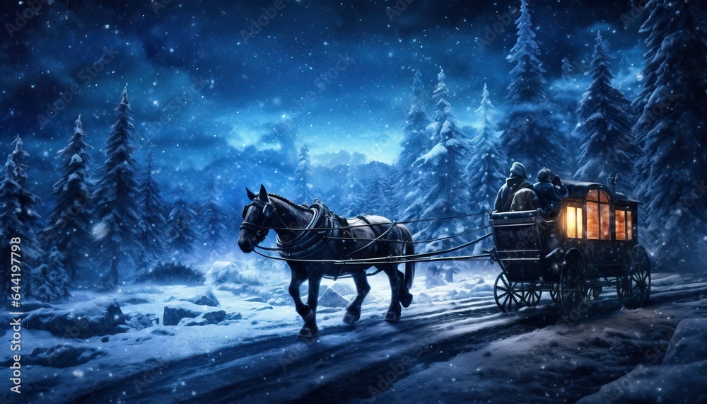 Starry Christmas night sleigh ride, celestial journey - obrazy, fototapety, plakaty 
