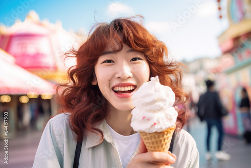 Smiling young Japanese woman with ice cream having fun in amusement park Prater in Vienna at her holiday in Europe