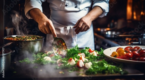 chef preparing food, close-up of chef cooking meat in the kitchen, chef cooking delicious foods in the kitchen, man in the kitchen, cooking man close-up