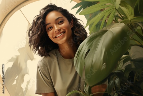 Young woman smiling in front of tropical leaf 
