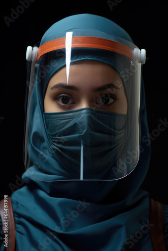 Woman from Islam Wearing Face Mask and Face Shield during COVID-19 Pandemic Generative AI