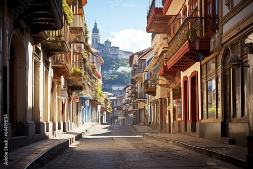 Quito's historic street in the colonial district. Generative AI