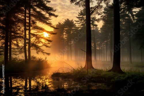 Misty dawn in a grand woodland, an eternal scenic view. Generative AI