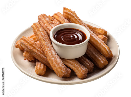 Churros dessert, with chocolate dipping sauce, isolated on white or transparent background.