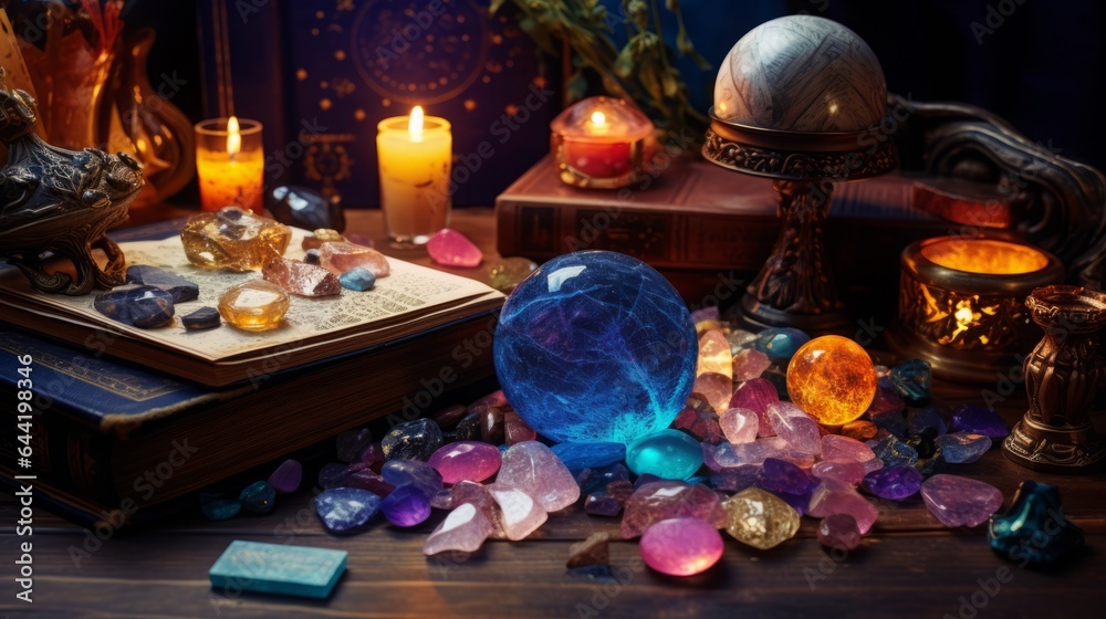 magic crystals and divination cards, books.