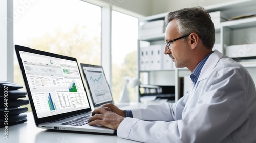Doctor looking at patient health data records on a computer. Generative AI