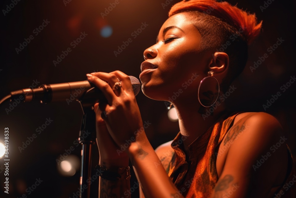 shot of a female slam poet performing at a live event