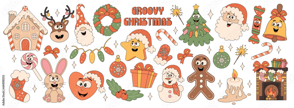 Collection of hippie trendy retro Christmas stickers. Christmas tree, gifts, snowman, gnome, Santa, gingerbread, lollipop. Vector illustration in 80s style.