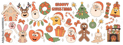 Collection of hippie trendy retro Christmas stickers. Christmas tree, gifts, snowman, gnome, Santa, gingerbread, lollipop. Vector illustration in 80s style.