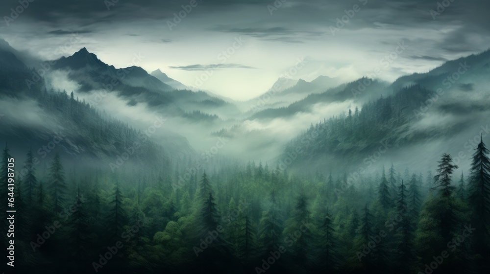 A misty forest with majestic mountains in the distance