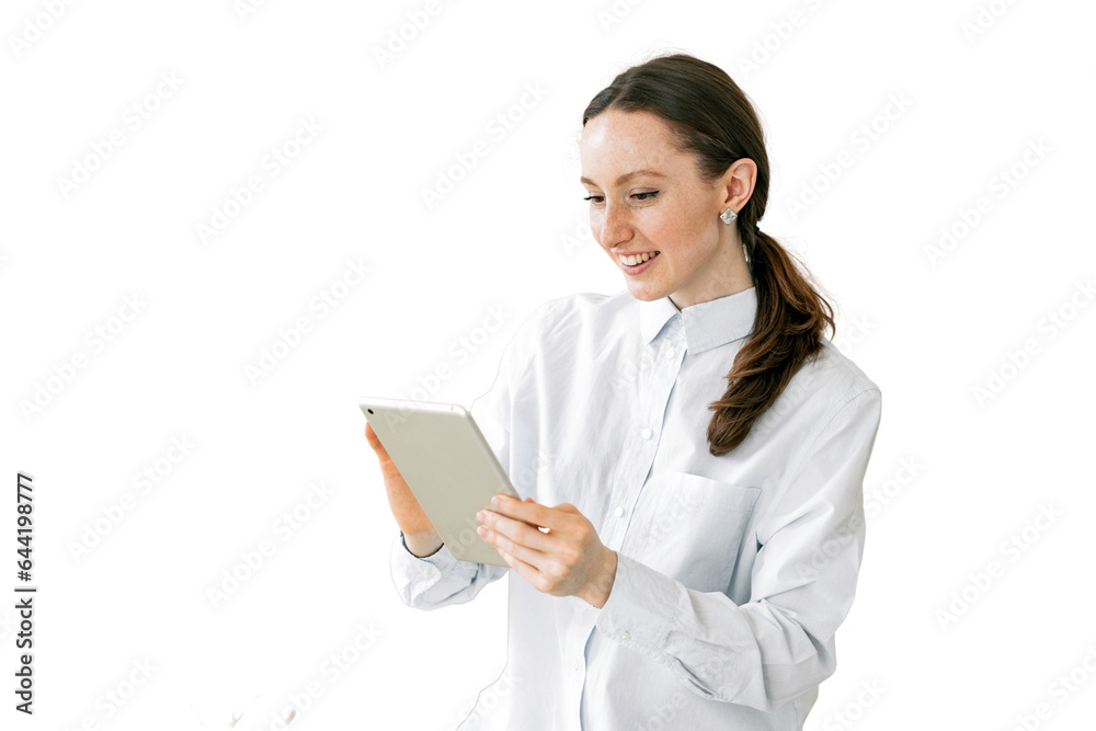A business woman uses a tablet to write a message, a secretary is a workplace in the office. An office employee is a financier in modern clothes. Video call online. A business woman uses a tablet to write a message, a secretary is a workplace in the office. An office employee is a financier in modern clothes. Video call online.
