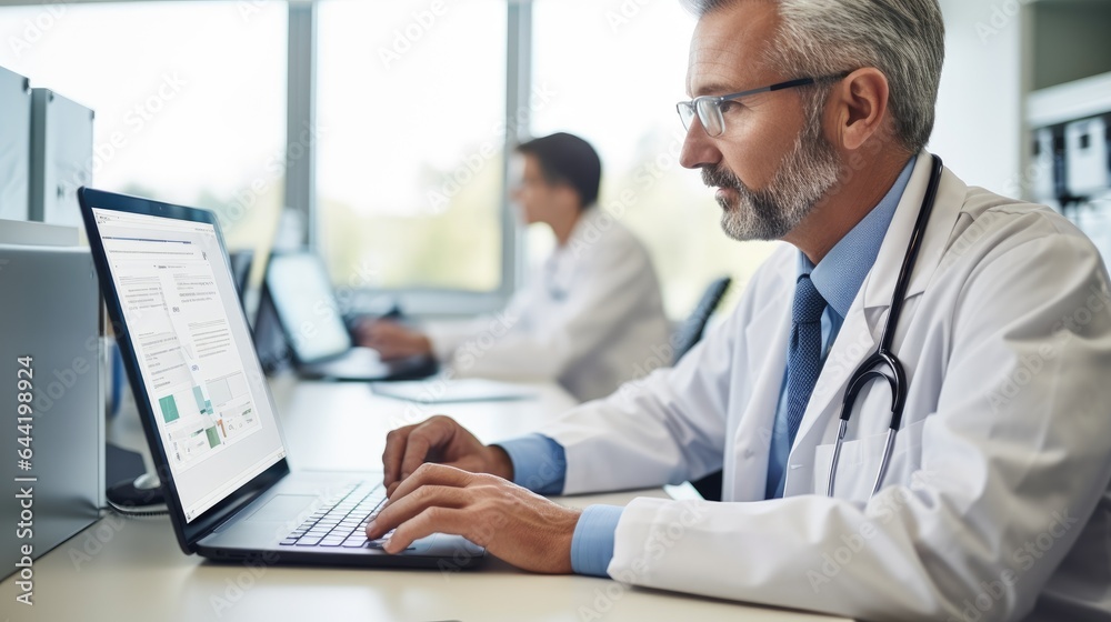 Doctor looking at patient health data records on a computer. Generative AI Doctor looking at patient health data records on a computer. Generative AI