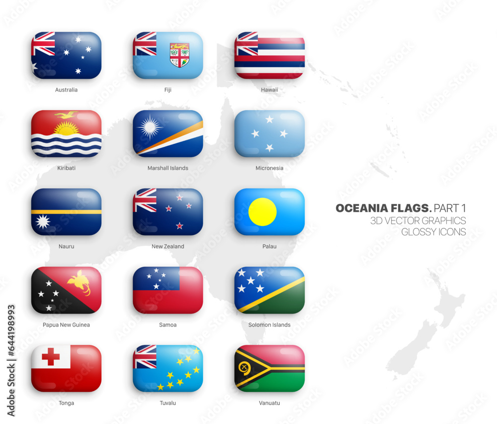Oceania Countries Flags 3D Vector Rounded Glossy Icons Set Isolate On White. Oceanian Official National Flags Bright Vivid Colour Bulging Convex Round Buttons Design Collection Isolated On Background Oceania Countries Flags 3D Vector Rounded Glossy Icons Set Isolate On White. Oceanian Official National Flags Bright Vivid Colour Bulging Convex Round Buttons Design Collection Isolated On Background