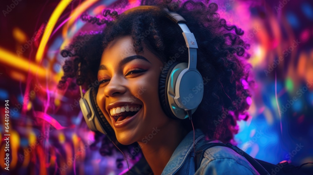 candid shot of an excited young african woman party with headphones. beautiful Generative AI AIG32 - obrazy, fototapety, plakaty 
