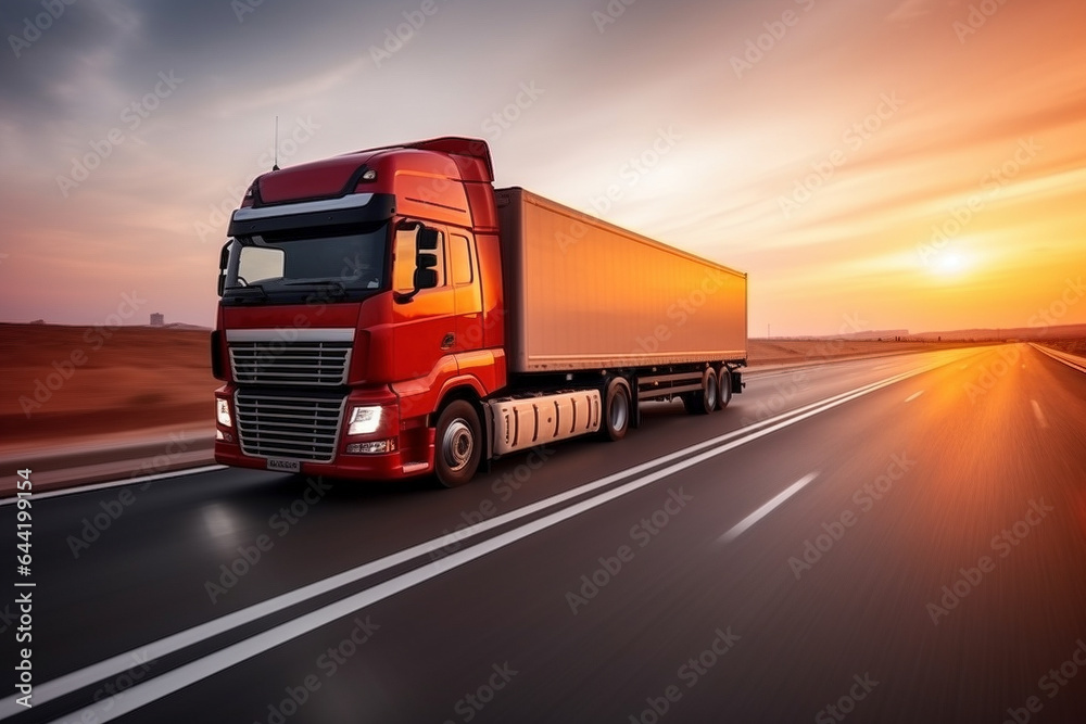 A red container truck driving down a highway