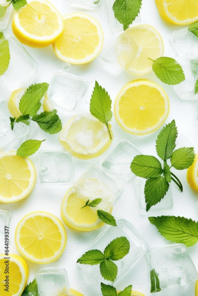 Ice cubes with mint leaves with lemons. Generative AI Ice cubes with mint leaves with lemons. Generative AI