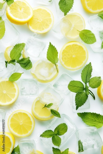 Ice cubes with mint leaves with lemons. Generative AI