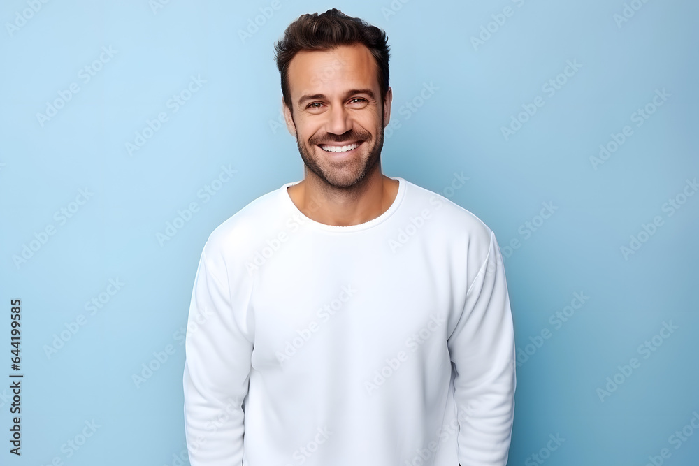 Man in white mockup sweater standing in light blue studio background Man in white mockup sweater standing in light blue studio background