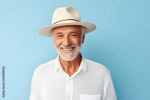 Elderly man in white mockup sweater standing in light blue studio background
