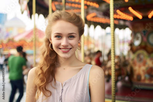  Smiling young woman having fun in amusement park Prater in Vienna © Jasmina