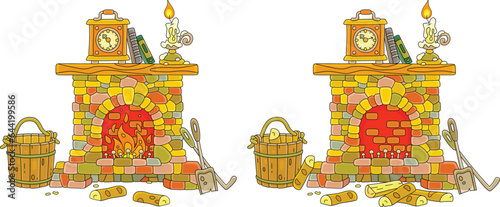 Old stone fireplace with burning firewood and without a fire, a clock, books and a candle on a mantelpiece, vector cartoon illustrations on a white background