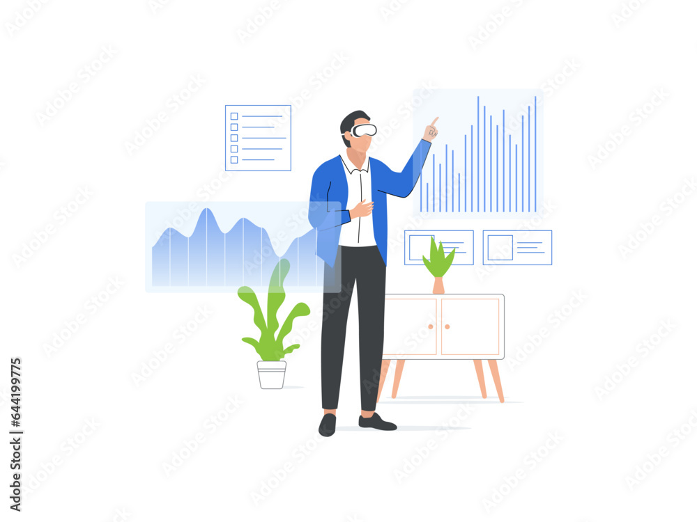 Modern man using VR headset to work with business data in virtual reality. Colorful flat cartoon vector illustration of people and VR on white background Modern man using VR headset to work with business data in virtual reality. Colorful flat cartoon vector illustration of people and VR on white background