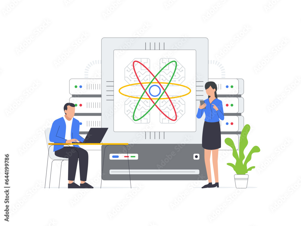 Illustration of engineers and scientists utilizing quantum computer chips for advanced computations. Modern flat cartoon style. Vector graphic