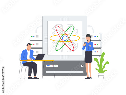 Illustration of engineers and scientists utilizing quantum computer chips for advanced computations. Modern flat cartoon style. Vector graphic