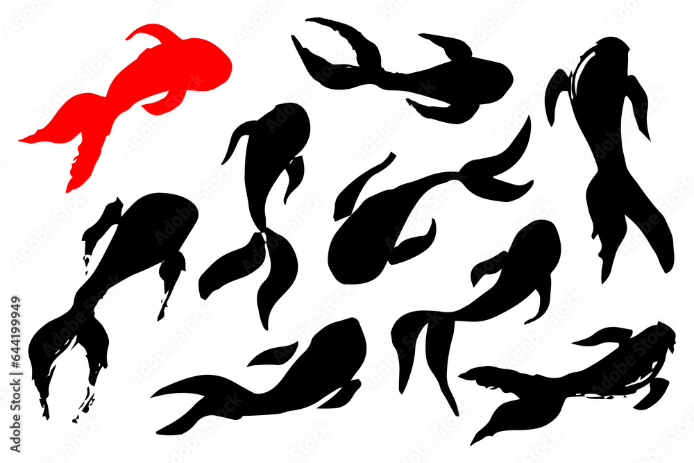 Carp koi fish swimming in a pond hand painted with ink brush. Png clipart isolated on transparent background - obrazy, fototapety, plakaty 