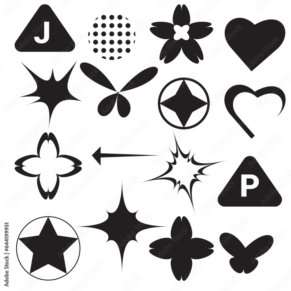 Shape set y2k style for banner. Y2k aesthetic.Shape set y2k style for decoaration.Simple shapes.Shape set y2k style for poster.Trendy 90s.Trendy geometric forms.