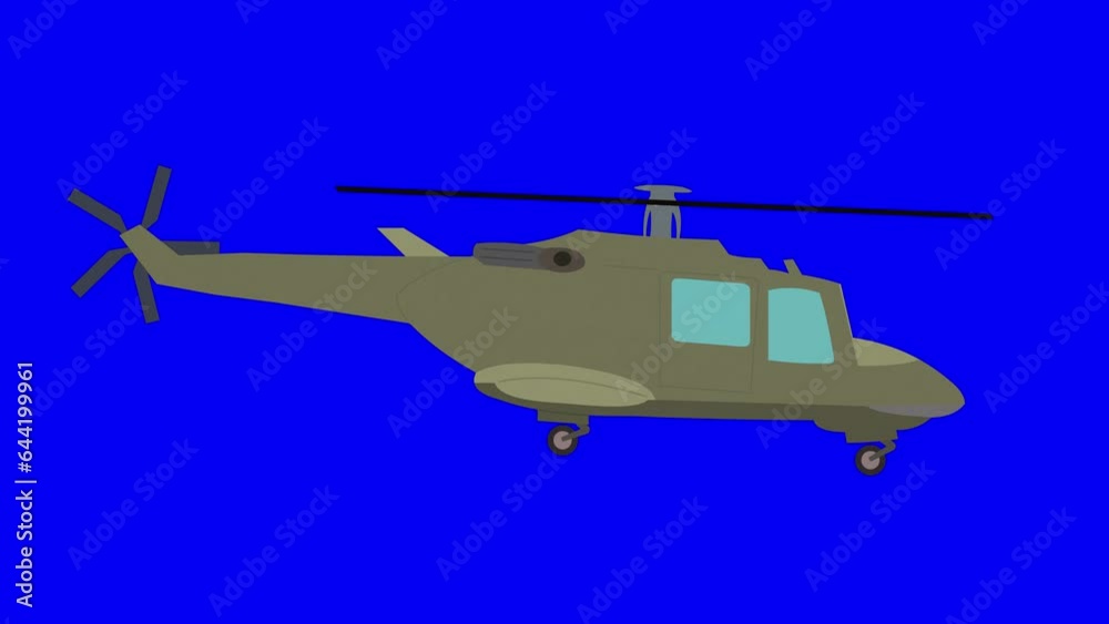 2D cartoon-style military helicopter flies steadily in the center of the frame on a blue screen chroma key background. The helicopter hovers with spinning rotor blades and minimal motion, ideal for co