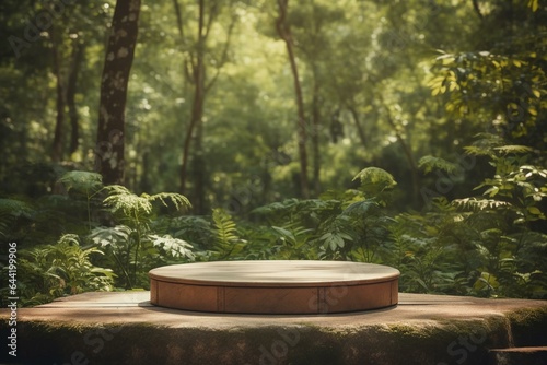 Image of a wooden round podium in a forest, surrounded by green trees with soft daylight, showcasing an empty pedestal in a natural environment. Generative AI