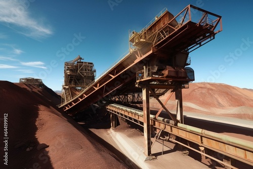Transporting copper ore at a mining facility using a large conveyor system. Generative AI