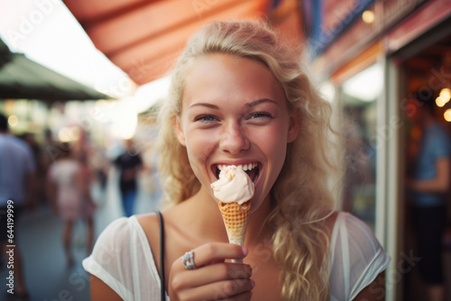 Smiling young woman with ice cream having fun in amusement park Prater in Vienna